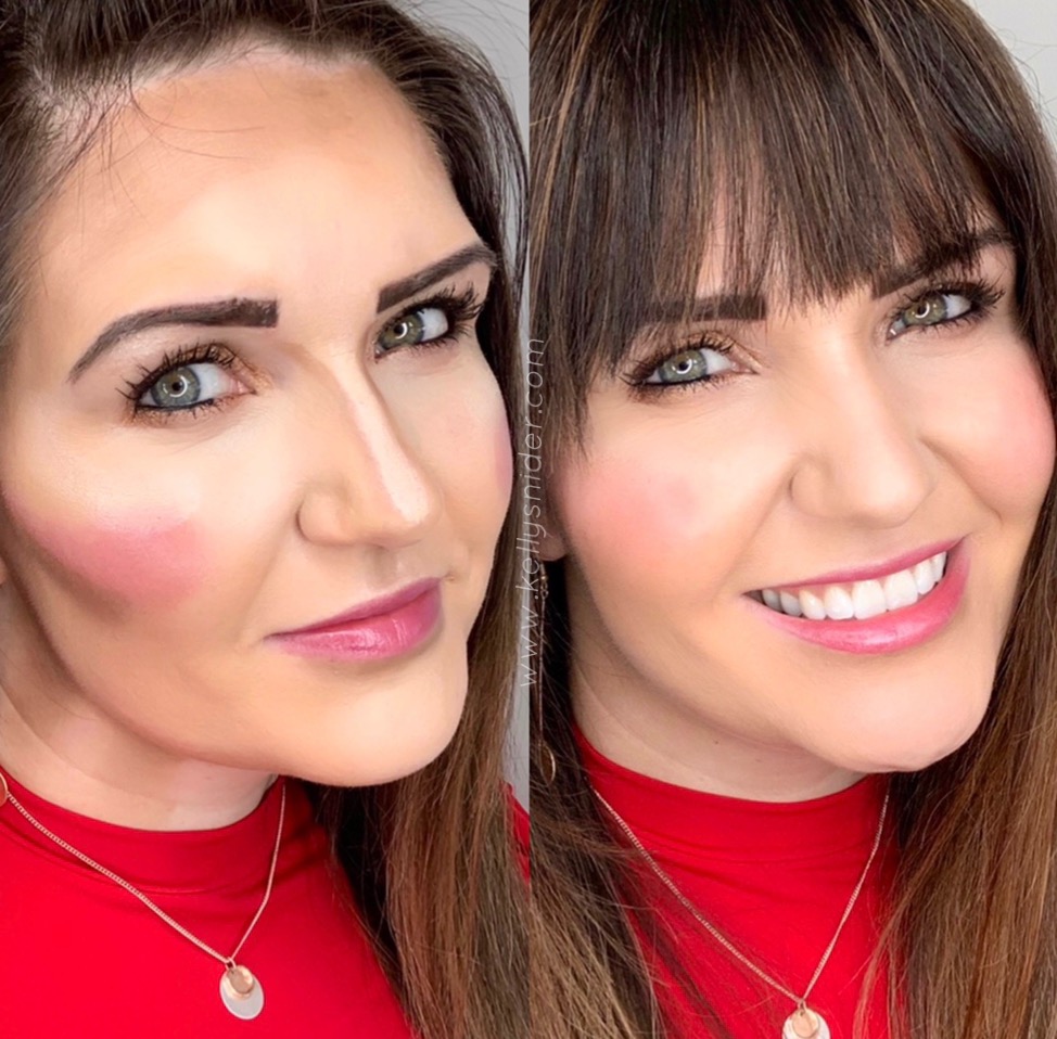 How to Contour in 5 Easy Steps by popular beauty blogger and top artist with Maskcara Beauty, Kelly Snider; Image of side-by-side photo of brunette woman with maskcara iiiD foundation on both before and after blending.