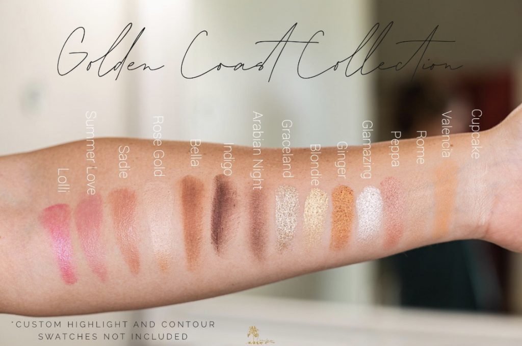 Summer Makeup Must-Haves by popular beauty blogger and top artist with Maskcara Beauty, Kelly Snider;  of an arm with swatches of the colors from the Maskcara Beauty Golden Coast Collection.