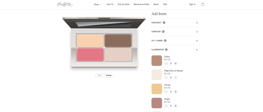 Popular Utah beauty blogger and independent Maskcara Beauty artist, Kelly Snider's step-by-step tutorial on how to use the Maskcara Palette builder; image from the Maskcara Beauty website demonstrating how to use the online Maskcara Palette builder.