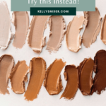Swatches of all shades of makeup that look thick and textured titled "Sick of Cakey Makeup? Try this Instead! Kellysnider.com"